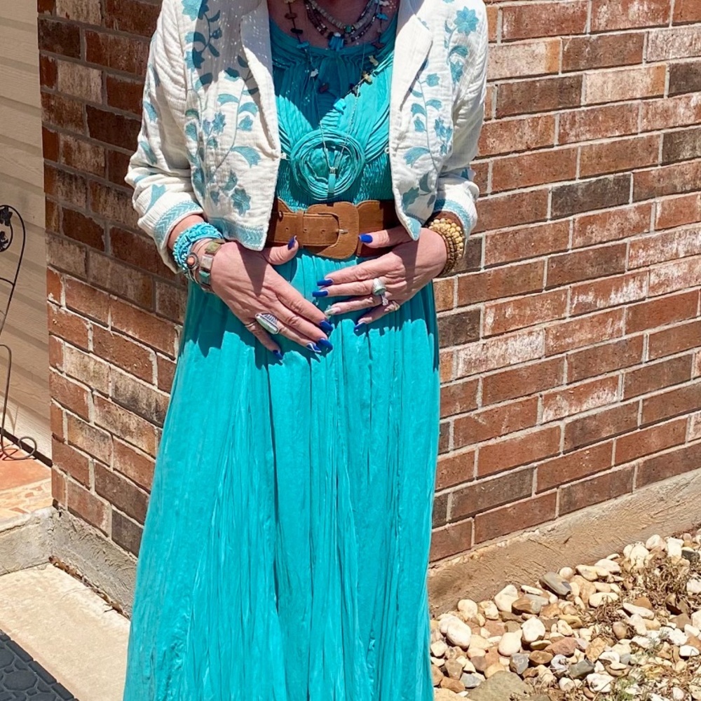 Soft Surroundings Teal Maxi Dress with Cream Jacket